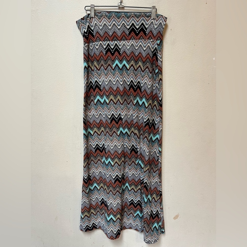 Women’s Brown Blue Bohemian Zig Zag Stretchy Comfy Fall Maxi Dress Medium - Picture 7 of 8
